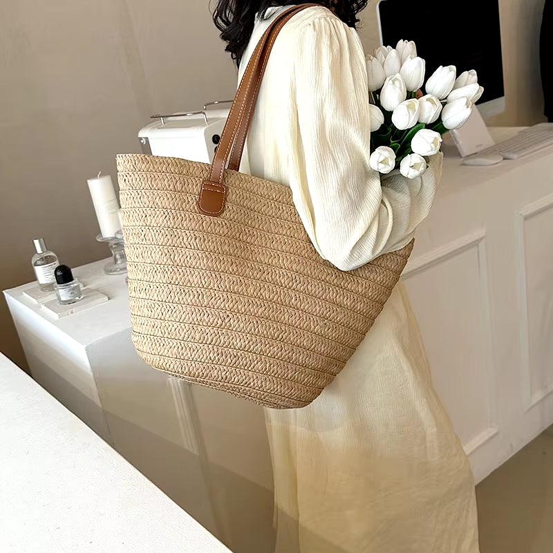 Women'S Large Capacity Shoulder Bag Summer Straw Woven Basket Handbag Fashion Female Luxury Designer Beach Bag Bali Shopper Tote